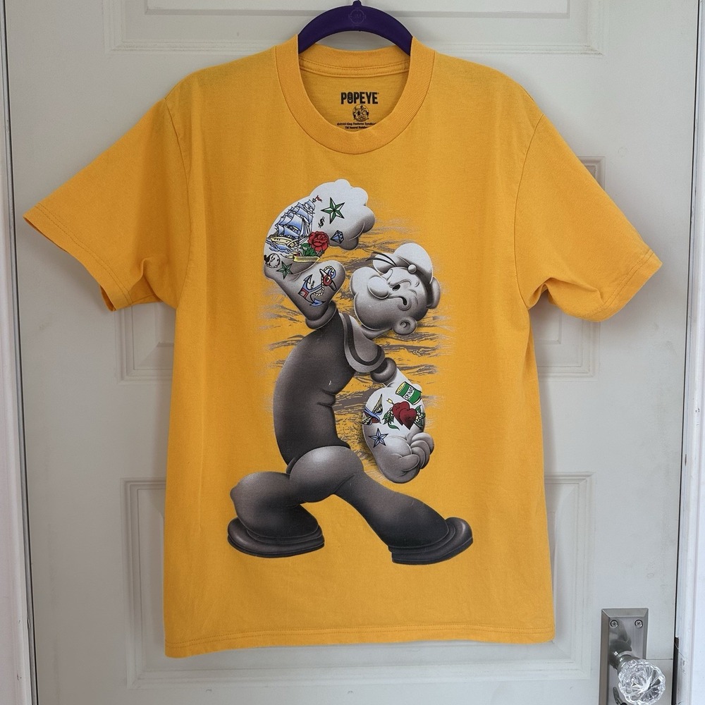 Popeye Cartoon Graphic T-Shirt Mens Small Yellow Popeye Sailor Vintage Style Tee